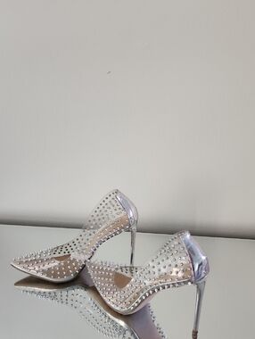 Silver Studded Clear Pointed-Toe Stiletto Heels